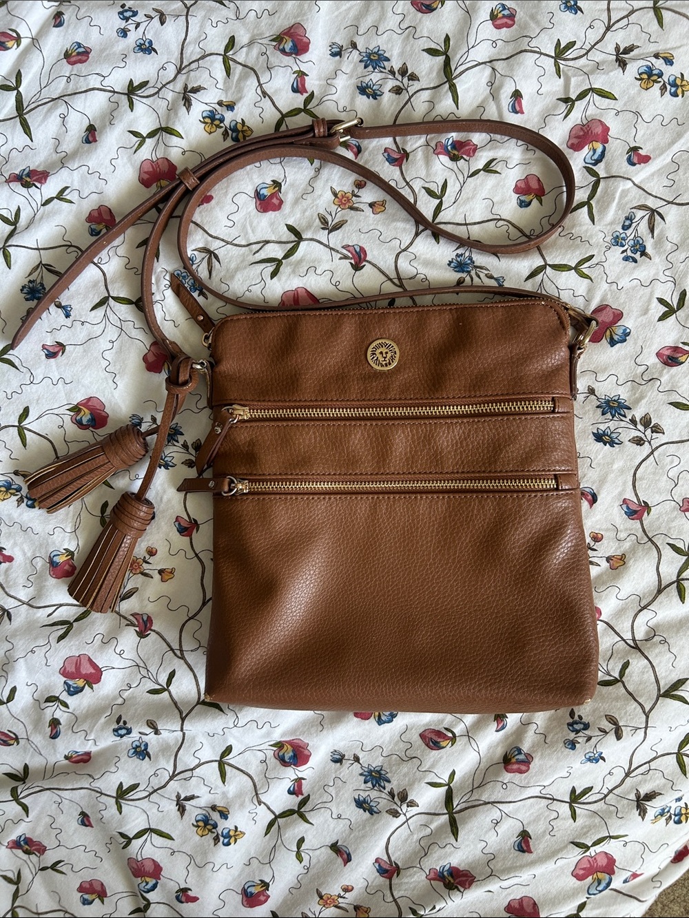 Anne Klein Cognac Brown Pebbled Faux Leather Crossbody with Tassels